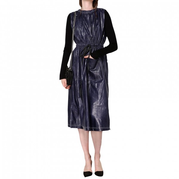 Céline Drawstring Waist Pleated Leather Dress | evaChic