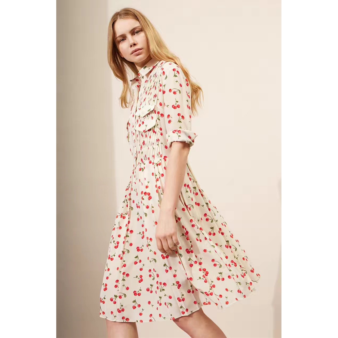 Chinti and Parker Cherry Print Pleated Silk Shirtdress